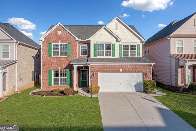 view of front of home featuring brick siding, concrete driveway, a front yard, roof with shingles, and a garage