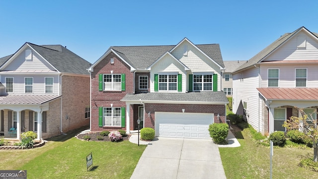 view of front of home featuring brick siding, concrete driveway, a front yard, roof with shingles, and a garage