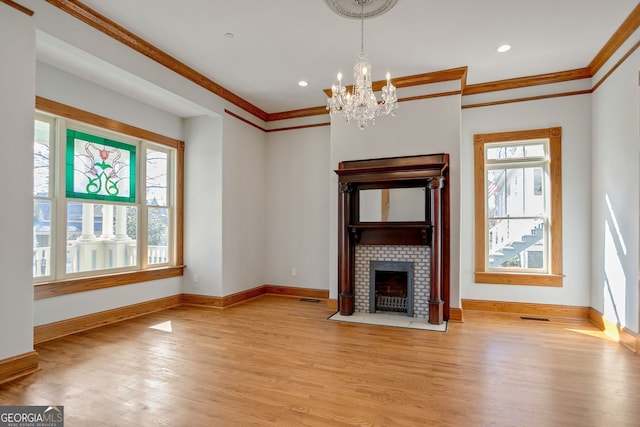 unfurnished living room with a fireplace with flush hearth, baseboards, and light wood-type flooring