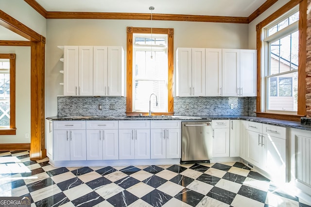 kitchen featuring open shelves, crown molding, light floors, stainless steel dishwasher, and a sink