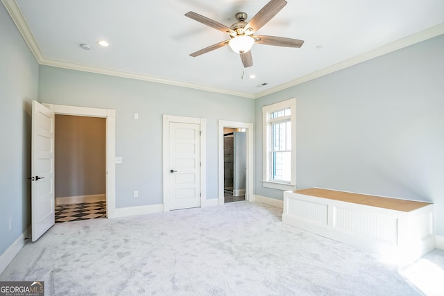 unfurnished bedroom featuring recessed lighting, baseboards, carpet floors, and ornamental molding