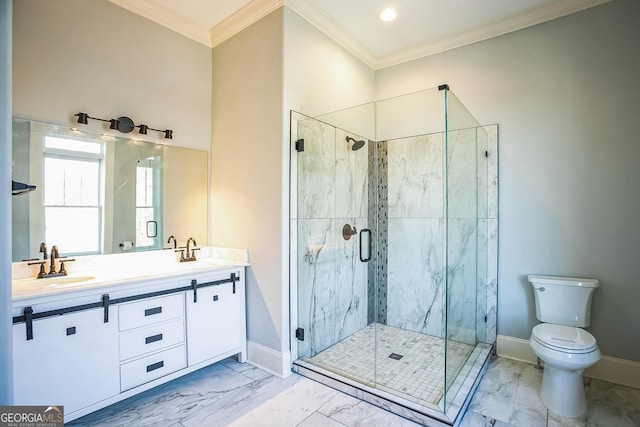 full bath with a sink, baseboards, marble finish floor, and ornamental molding