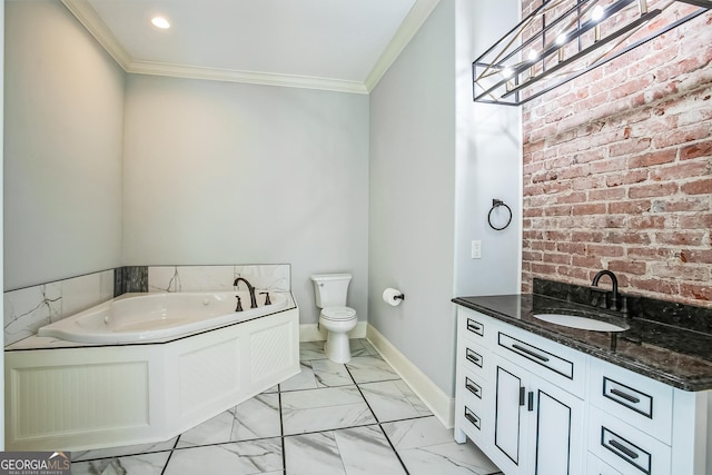 bathroom with toilet, marble finish floor, crown molding, baseboards, and a bath