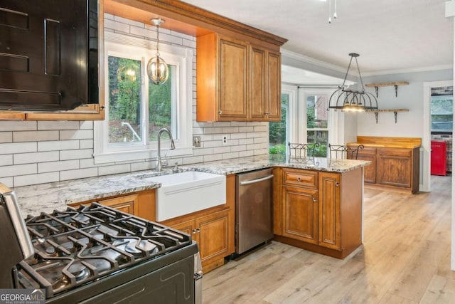 kitchen featuring light wood-style flooring, a sink, pendant lighting, dishwasher, and crown molding