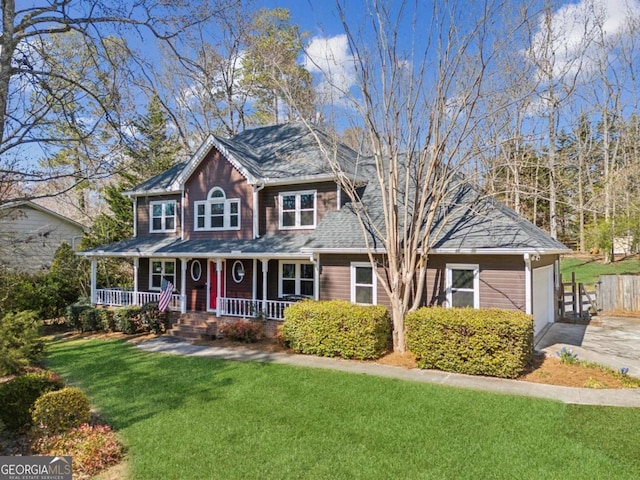 view of front of home featuring a porch, an attached garage, driveway, and a front lawn