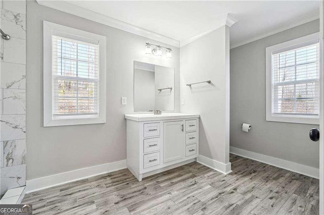 bathroom with vanity, wood finished floors, baseboards, and ornamental molding