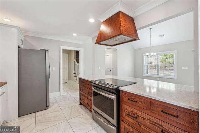 kitchen with light stone counters, visible vents, stainless steel appliances, custom range hood, and crown molding