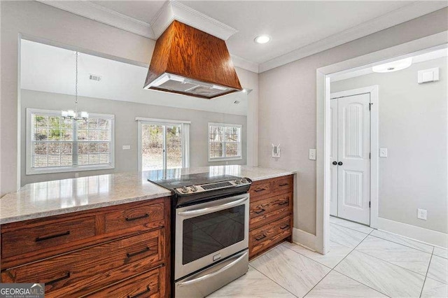 kitchen featuring premium range hood, electric range, brown cabinets, and ornamental molding