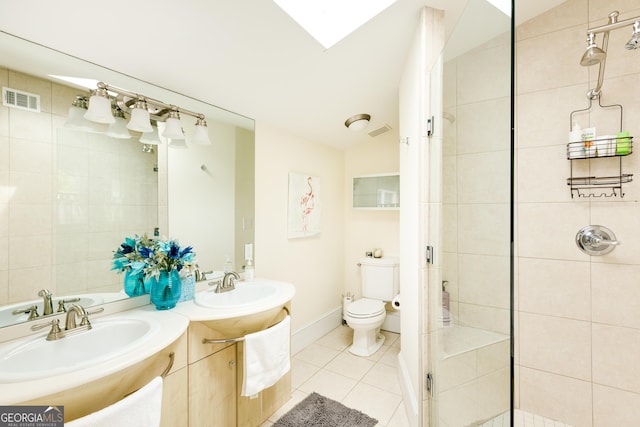 bathroom with tile patterned flooring, a shower stall, toilet, and visible vents