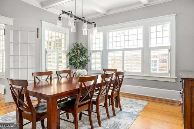 dining room with baseboards, ornamental molding, beam ceiling, light wood-style floors, and coffered ceiling