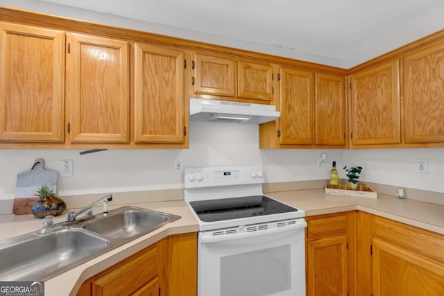50 Riverside Ct, Hampton, GA 30228 - kitchen with electric range, under cabinet range hood, light countertops, and brown cabinetry