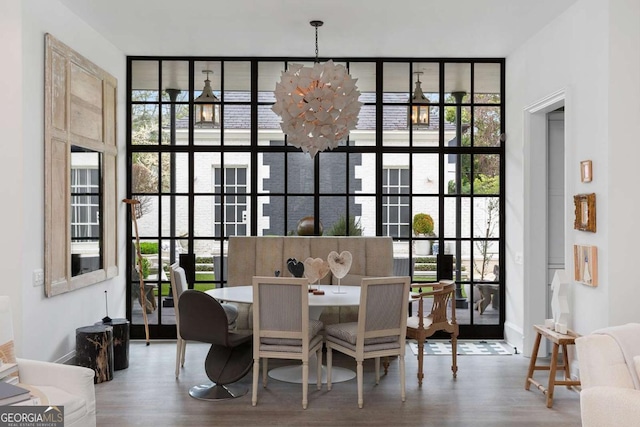 dining space featuring expansive windows, a healthy amount of sunlight, and wood finished floors