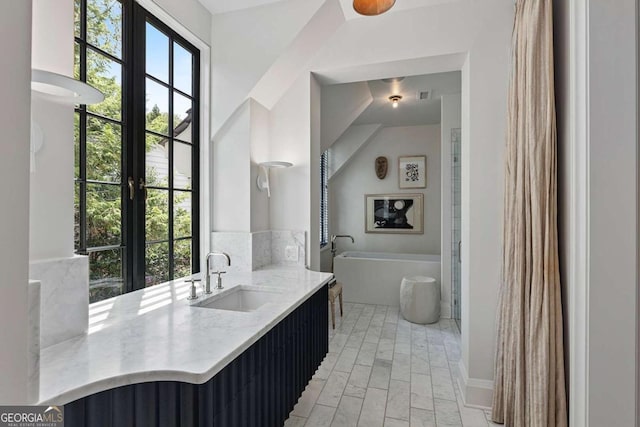 full bath with a freestanding tub, a healthy amount of sunlight, vanity, and visible vents