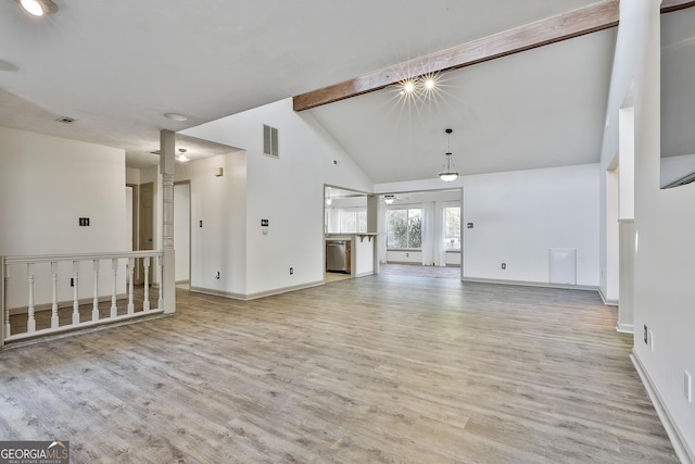 unfurnished living room featuring visible vents, baseboards, beamed ceiling, wood finished floors, and high vaulted ceiling