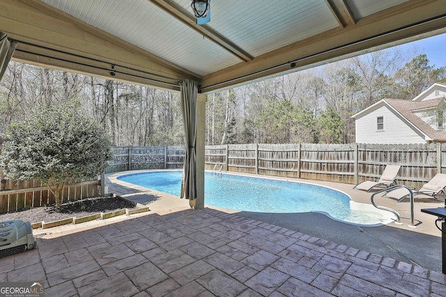 view of swimming pool featuring a patio area, a fenced in pool, and a fenced backyard