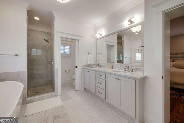 bathroom with crown molding, toilet, and a sink