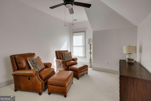 sitting room featuring baseboards, visible vents, carpet floors, ceiling fan, and vaulted ceiling