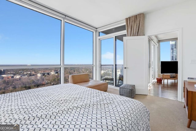 bedroom with carpet flooring and expansive windows