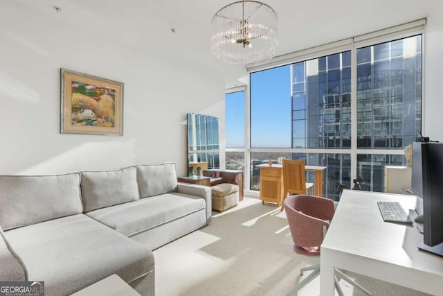 living room with a notable chandelier, a wall of windows, and carpet floors