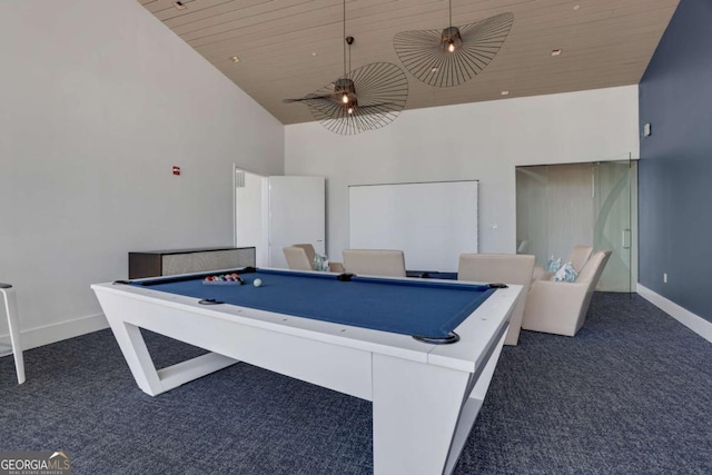 recreation room featuring baseboards, dark carpet, high vaulted ceiling, and pool table