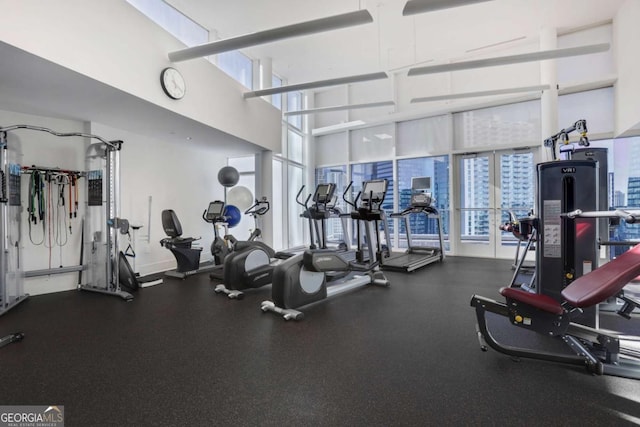 exercise room with a wealth of natural light and a towering ceiling