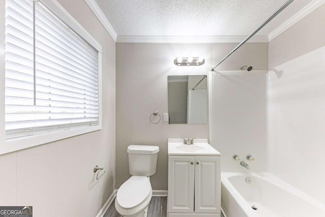 bathroom with vanity, crown molding, tub / shower combination, and a textured ceiling