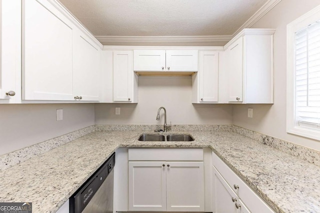 kitchen featuring light stone countertops, dishwasher, ornamental molding, white cabinetry, and a sink