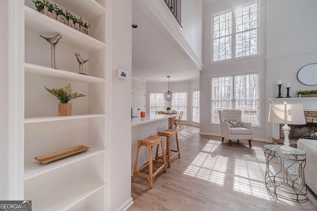 interior space featuring built in shelves, crown molding, baseboards, a towering ceiling, and wood finished floors