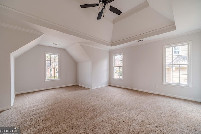 bonus room featuring a ceiling fan, carpet, and visible vents