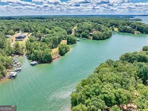 drone / aerial view featuring a forest view and a water view