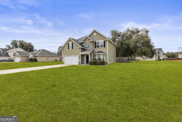 traditional home with a garage, a front lawn, driveway, and fence