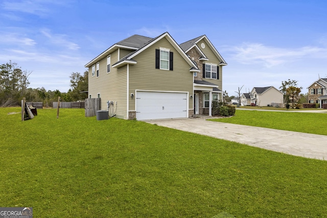 view of front facade featuring fence, central AC unit, concrete driveway, a front lawn, and a garage