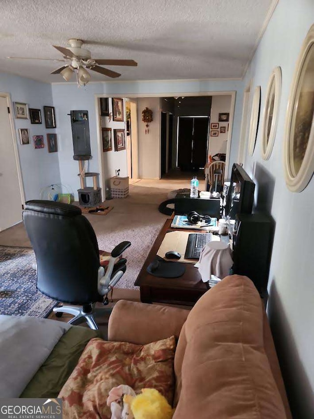 living area featuring a ceiling fan, a textured ceiling, and carpet flooring