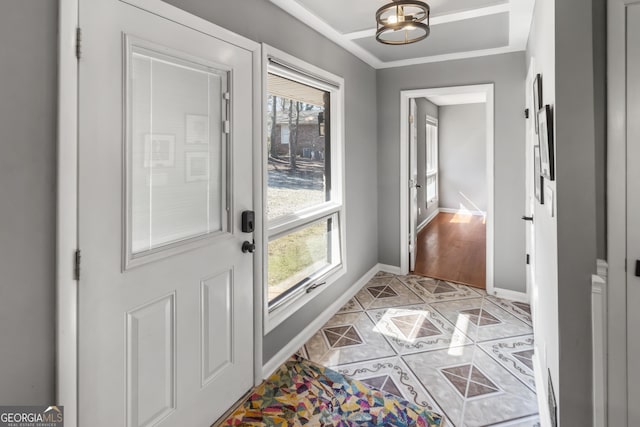 doorway to outside featuring an inviting chandelier, plenty of natural light, baseboards, and light tile patterned floors