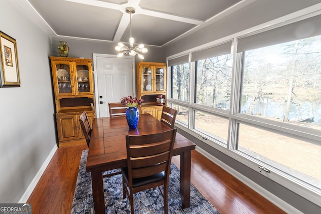 dining room featuring a chandelier, coffered ceiling, baseboards, and wood finished floors