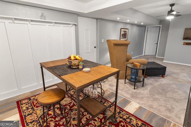 dining space with recessed lighting, wood finished floors, baseboards, and ceiling fan