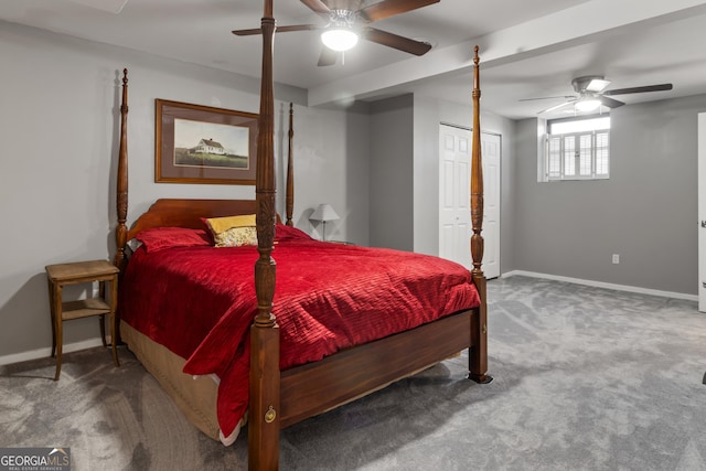 carpeted bedroom with baseboards and ceiling fan