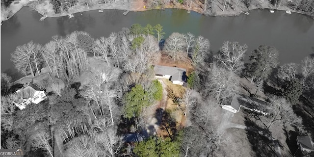 drone / aerial view featuring a water view