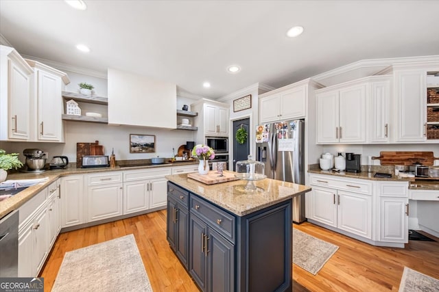 kitchen with white cabinets, appliances with stainless steel finishes, gray cabinetry, and open shelves