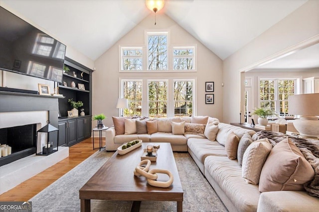 living area with light wood finished floors, a healthy amount of sunlight, a fireplace, and high vaulted ceiling