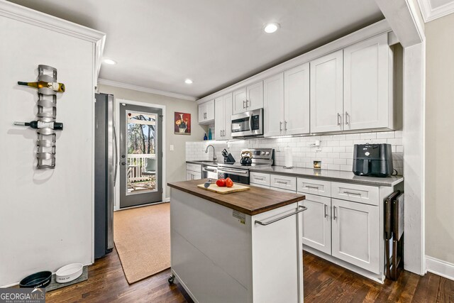 kitchen with dark wood finished floors, a sink, decorative backsplash, butcher block countertops, and appliances with stainless steel finishes