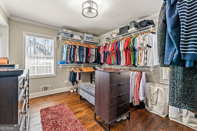 spacious closet with visible vents and wood finished floors