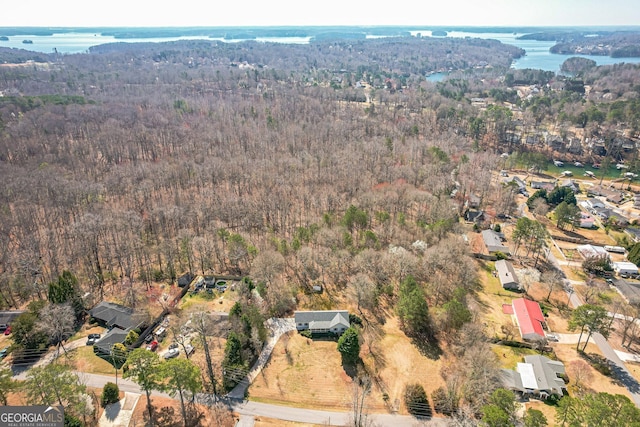 bird's eye view featuring a forest view and a water view