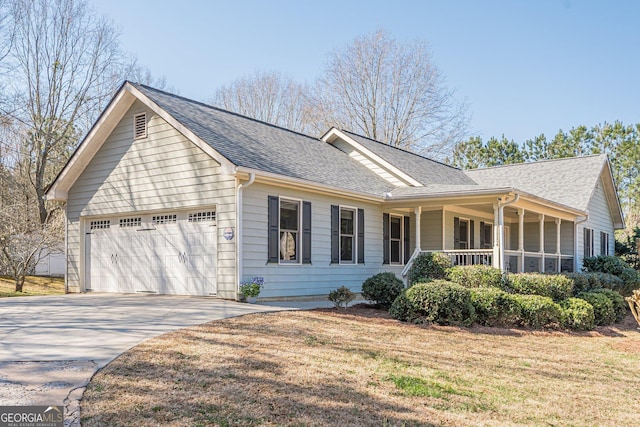 ranch-style house with a porch, concrete driveway, a garage, and a shingled roof