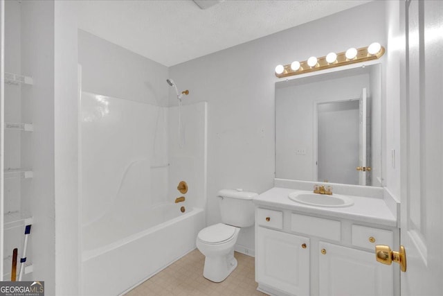 full bathroom with toilet, vanity, tile patterned floors, a textured ceiling, and  shower combination