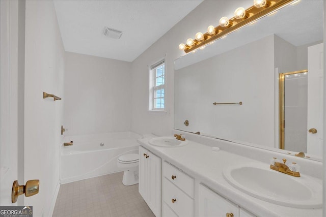 full bathroom featuring a sink, visible vents, a garden tub, and double vanity