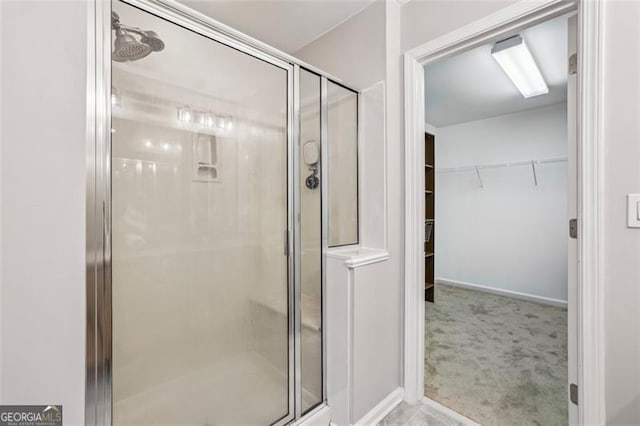 bathroom featuring a spacious closet and a shower stall