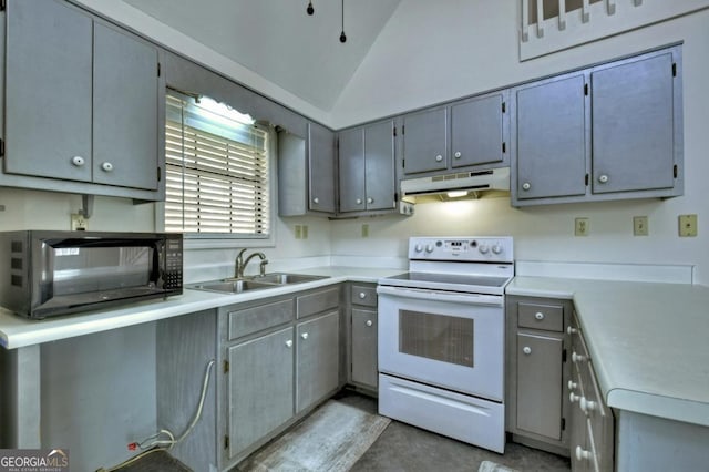 kitchen with black microwave, under cabinet range hood, vaulted ceiling, white electric range oven, and a sink