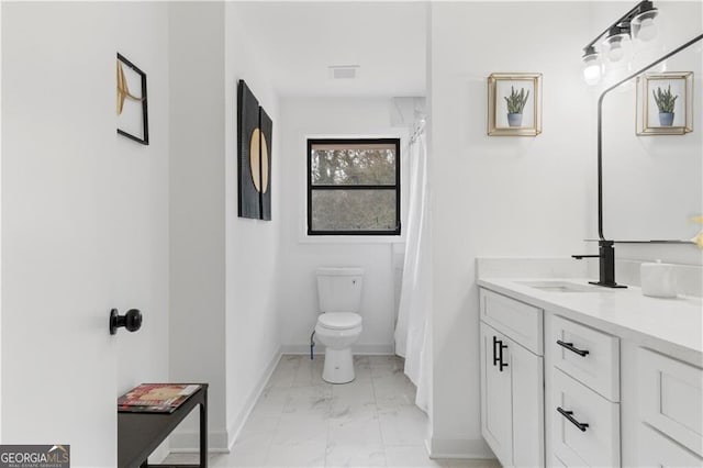 bathroom with visible vents, baseboards, toilet, marble finish floor, and vanity