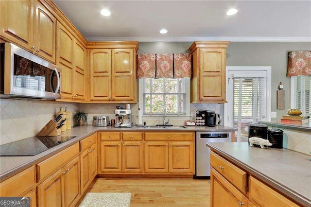 kitchen featuring light wood-style flooring, a sink, ornamental molding, stainless steel appliances, and tasteful backsplash